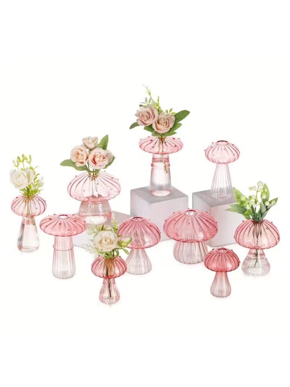 NIB 10 NEW Pink Glass Mushroom Bud Vases / Propagation Vessels